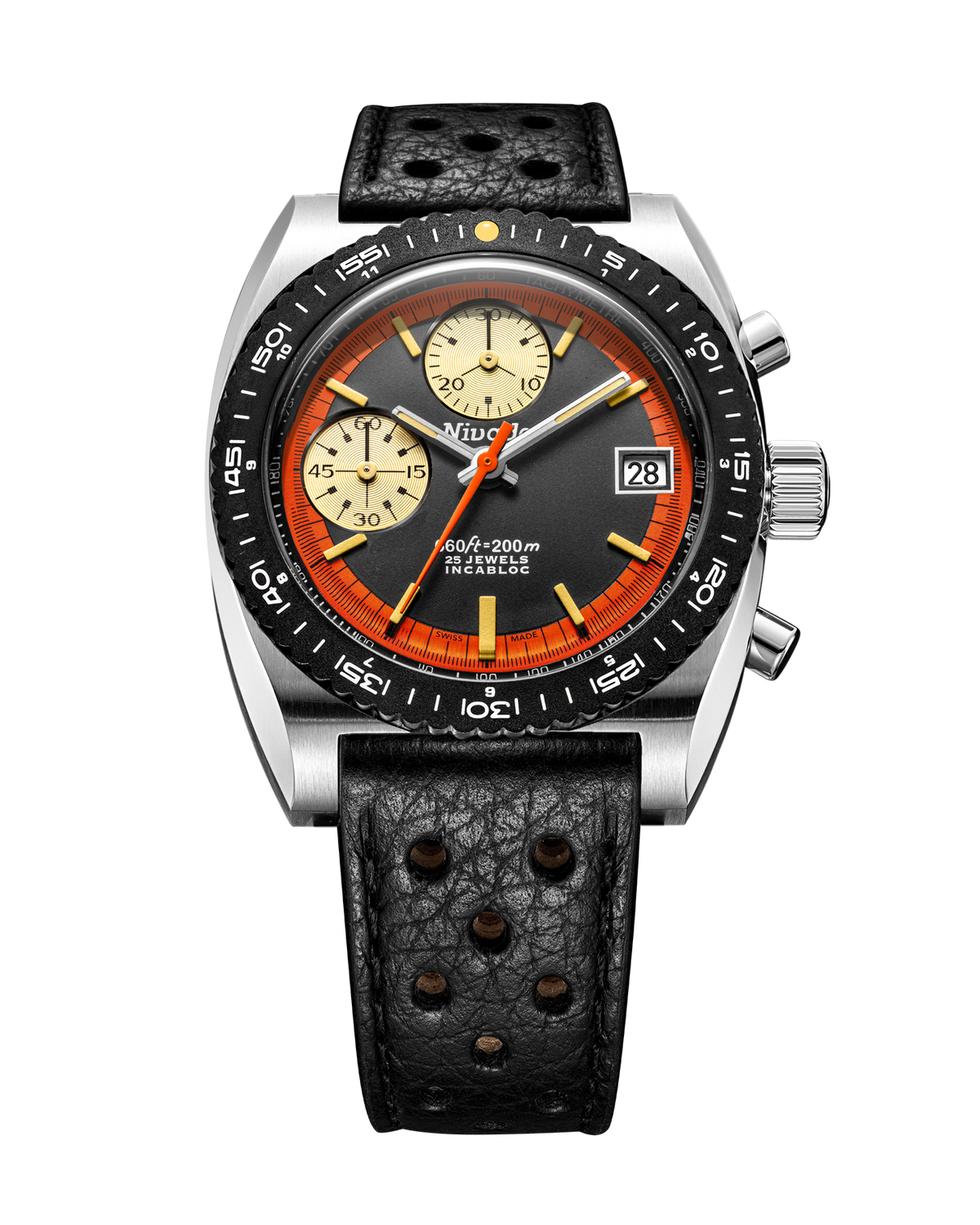 Autochron Automatic Orange worn trackside at a vintage motor race