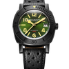 Black dive watch with green sunray dial and perforated leather racing strap