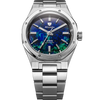 Front view of the Nivada Grenchen F77 MKII Azurite 100 Years 38mm on its integrated stainless steel bracelet