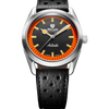 Nivada watch with black leather strap and orange dial on a white background