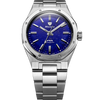 Nivada Grenchen F77 MK2 38mm Lapis Lazuli dial with baton hands, integrated stainless steel bracelet, front view