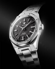 Nivada Grenchen F77 MKII Meteorite 38mm featuring redesigned case, curved lugs and upgraded integrated flat link bracelet
