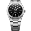 Nivada Grenchen F77 MK2 38mm Onyx dial with baton hands, integrated stainless steel bracelet, front view