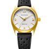 Nivada Grenchen Antarctic Erotic Gold, 38mm 18K yellow gold-plated case, domed white dial, black racing strap — front view