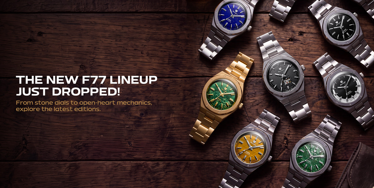 Nivada Grenchen banner for the new F77 lineup showing stone dial watches on a wooden table