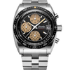 Silver watch with a black face on a white background