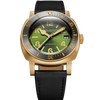 Front view of the Depthmaster Bronze Green dive watch with a green sunray dial, bronze case, and black leather strap 