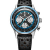 A wristwatch with a black leather strap, a silver-toned case, a black dial with white subdials, a bright blue bezel insert, and blue hands, shown on a plain white background.