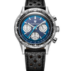 A wristwatch with a silver-toned stainless steel case, a blue dial with white subdials, and a black textured leather strap, shown against a plain white background.