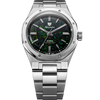 Front view of the Nivada Grenchen F77 MKII Black Opal 100 Years 38mm on its integrated stainless steel bracelet