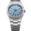 Front view of the Nivada Grenchen F77 MKII Ice Agate 100 Years 38mm on its integrated stainless steel bracelet