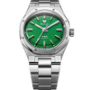 Front view of the Nivada Grenchen F77 MKII Jade 100 Years 38mm on its integrated stainless steel bracelet