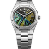 Front view of the Nivada Grenchen F77 MKII Labradorite 100 Years 38mm on its integrated stainless steel bracelet