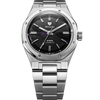 Front view of the Nivada Grenchen F77 MKII Shungite Black 100 Years 38mm on its integrated stainless steel bracelet