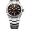 Front view of the Nivada Grenchen F77 MKII Smoky Quartz 100 Years 38mm on its integrated stainless steel bracelet