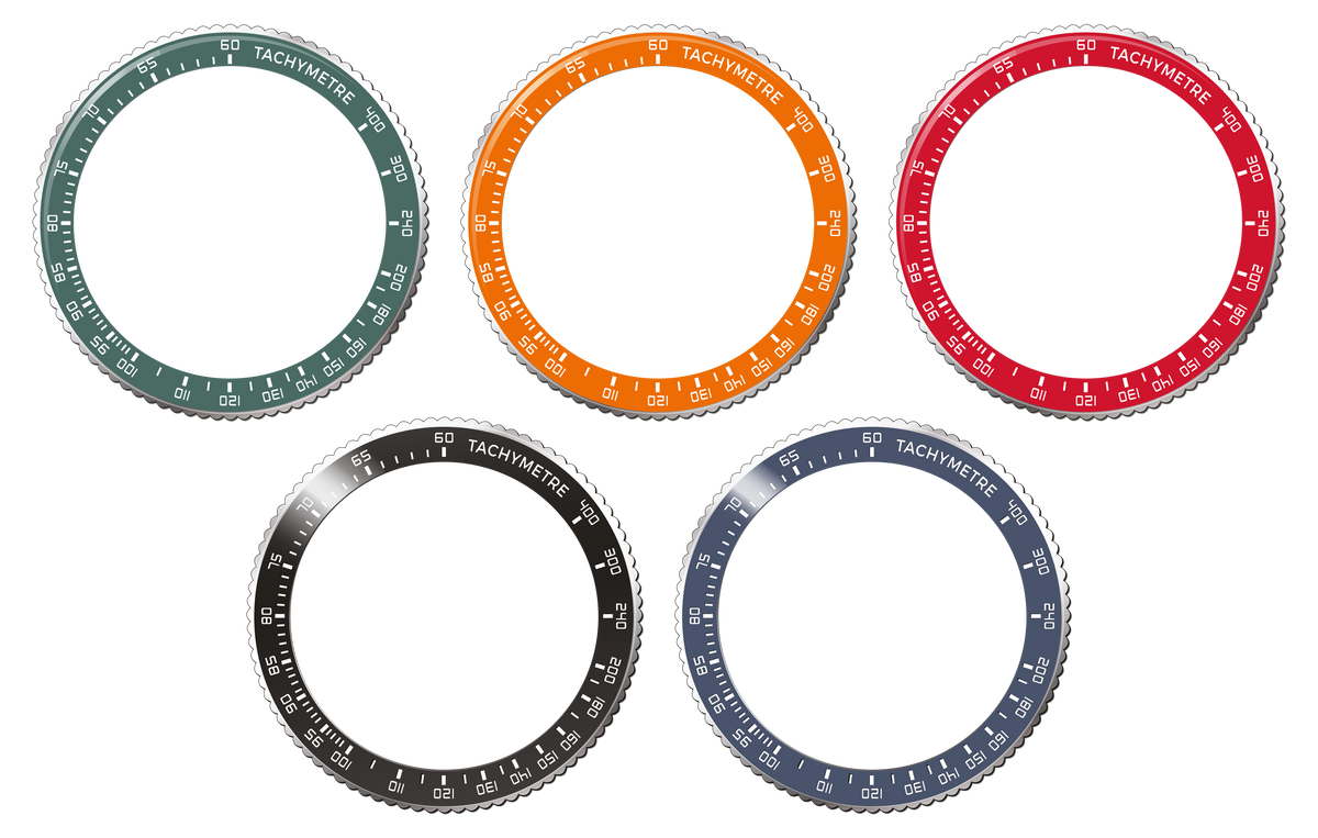 Five interchangeable tachymeter bezel color options: green, orange, red, black, and blue.