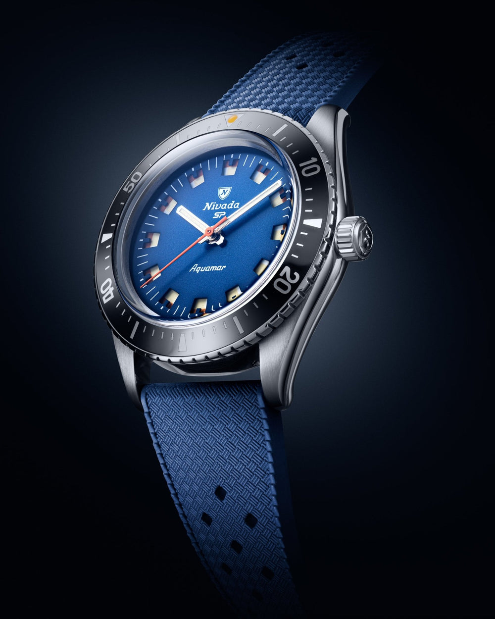 Aquamar Blue automatic dive watch with blue dial and black strap, angled product view