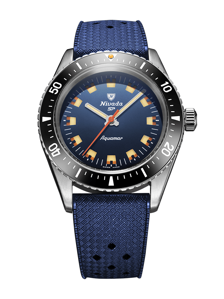 Aquamar Blue automatic dive watch with blue dial, black bezel and black textured strap, front view
