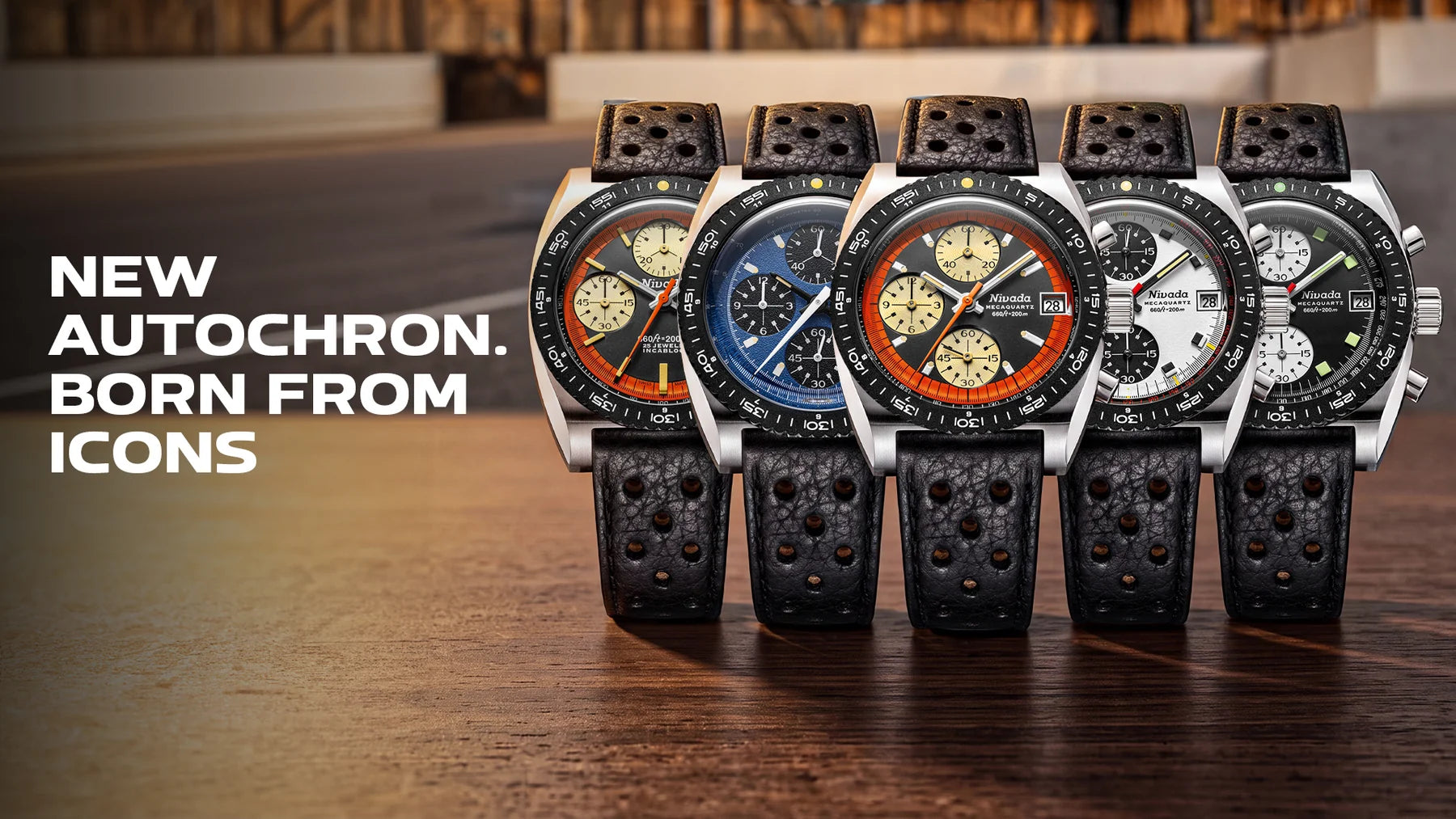 The five new Autochron references at a warm racing paddock