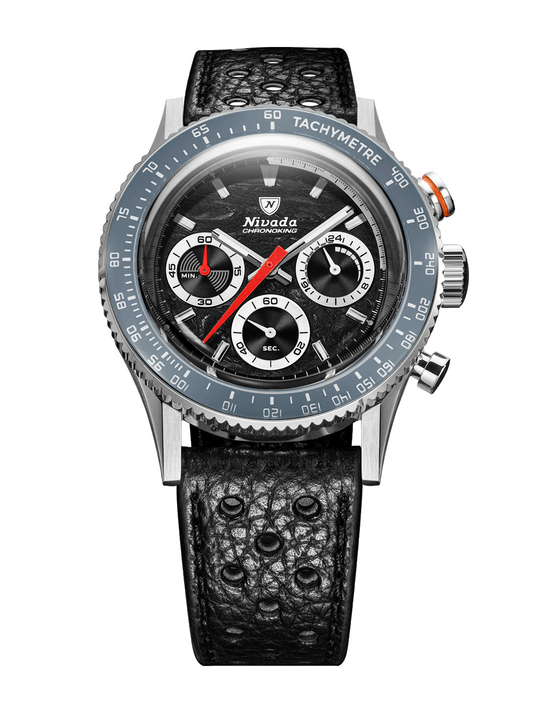 Chronoking Mecaquartz Racing Black, animation de face de la montre avec ses 5 lunettes tachymétriques et son bracelet en cuir perforé noir