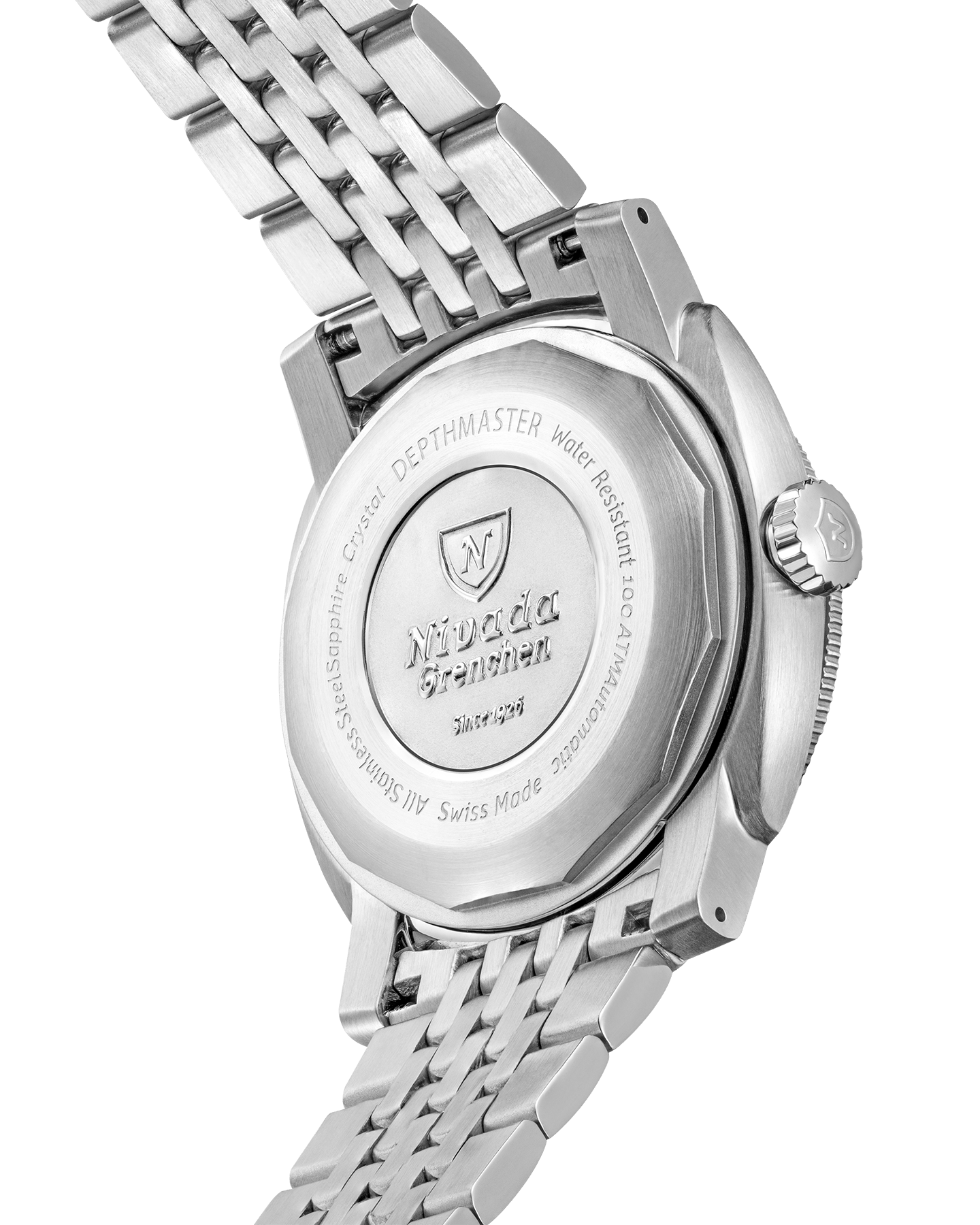 Fond de boîte en acier inoxydable gravé d'une montre de plongée automatique étanche jusqu'à 1 000 m.