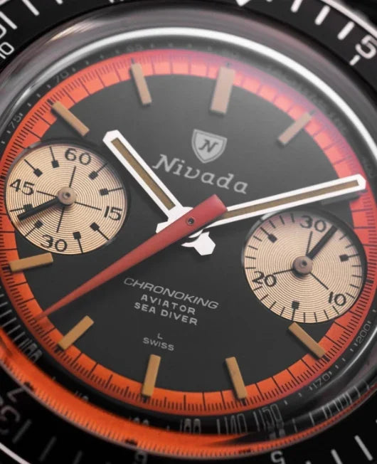 Close-up of the Nivada Chronoking Aviator Sea Diver dial