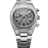 anthracite woven dial close-up with applied silver indexes and twin chronograph subdials 