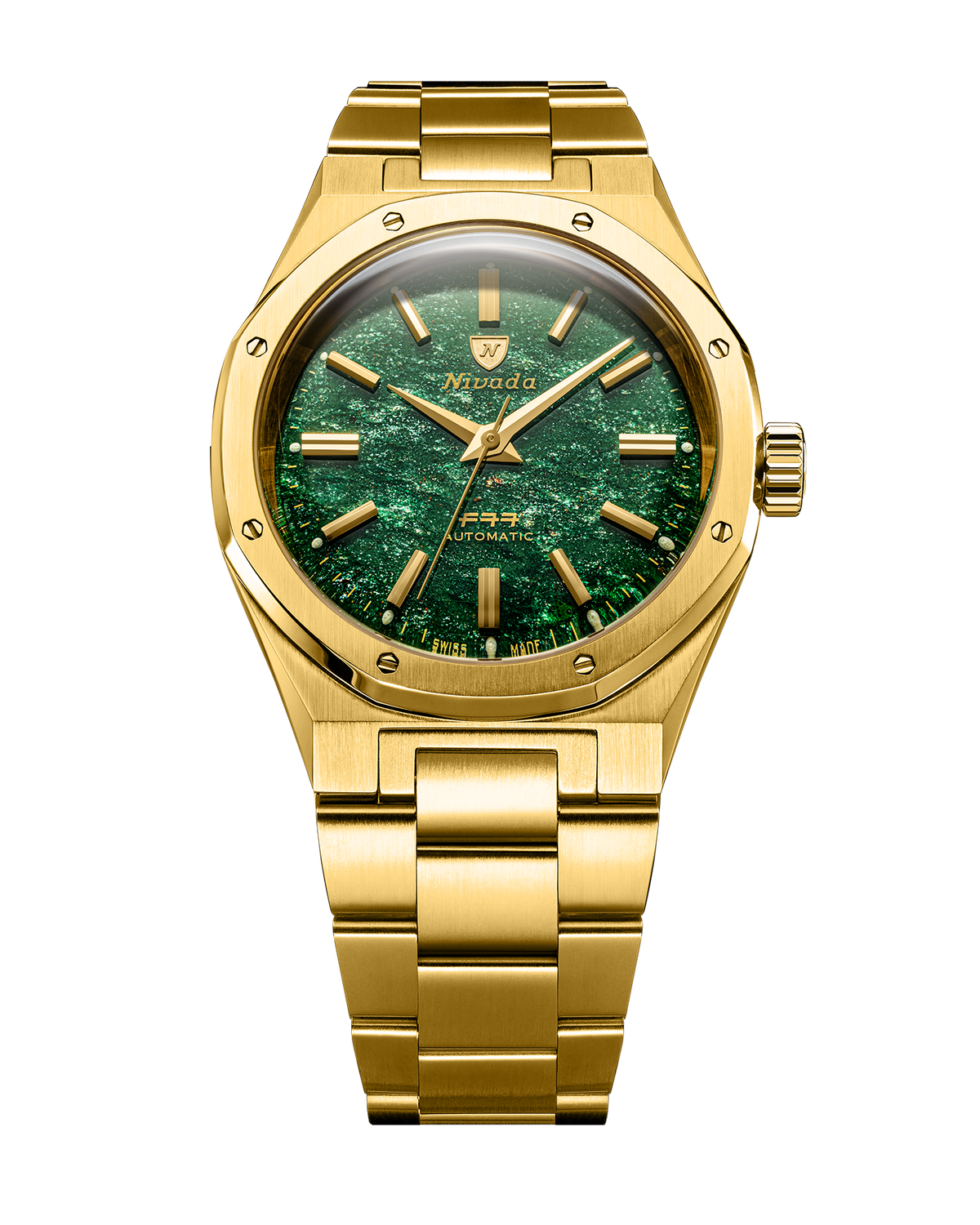Nivada Grenchen F77 Gold Green Aventurine MK2 38mm front view