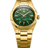F77 Gold MK2 38 mm Green Aventurine, aiguilles dauphine, bracelet plaqué or jaune 18 carats, vue de face