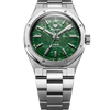 Nivada Grenchen F77 MK2 38mm Green Aventurine dial with baton hands, integrated stainless steel bracelet, front view