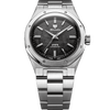Front view of Nivada Grenchen F77 MKII Meteorite 38mm showing natural Widmanstätten dial pattern and integrated stainless steel bracelet
