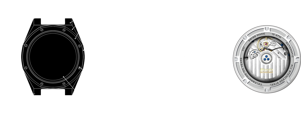 Dessin technique de la F77 MK2 : vue de face, vue de profil et fond de boîte