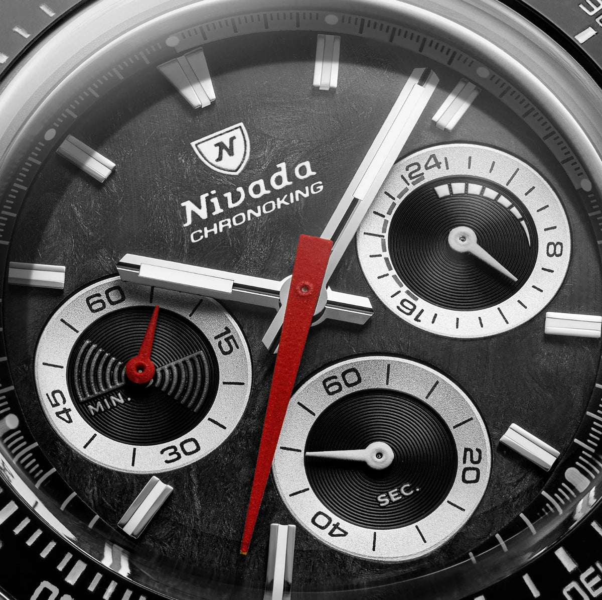 Nivada Grenchen Chronoking Mecaquartz Racing Black macro of dark dial, red seconds hand and three subdials