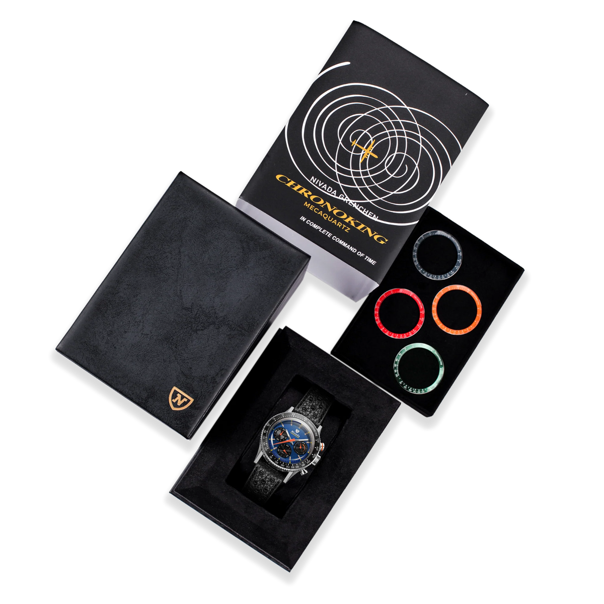 Nivada Grenchen Chronoking Mecaquartz Racing Blue packaging with black box, blue dial watch and four colored bezel rings