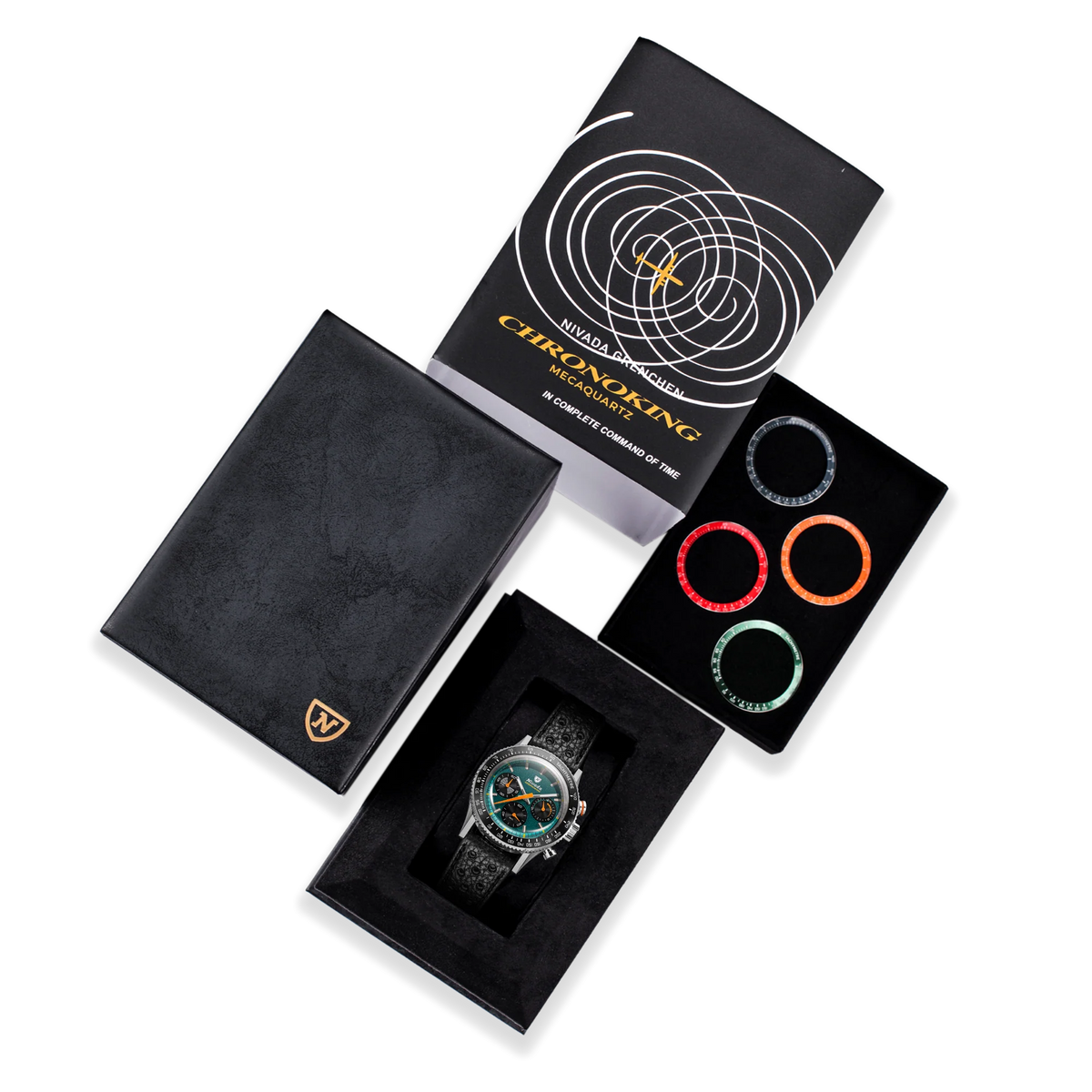 Nivada Grenchen Chronoking Mecaquartz Racing Green open gift box with watch and four spare coloured bezel rings