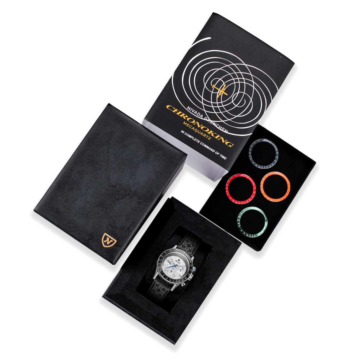 Nivada Grenchen Chronoking Mecaquartz Racing Grey gift box with watch on strap and four interchangeable bezel rings