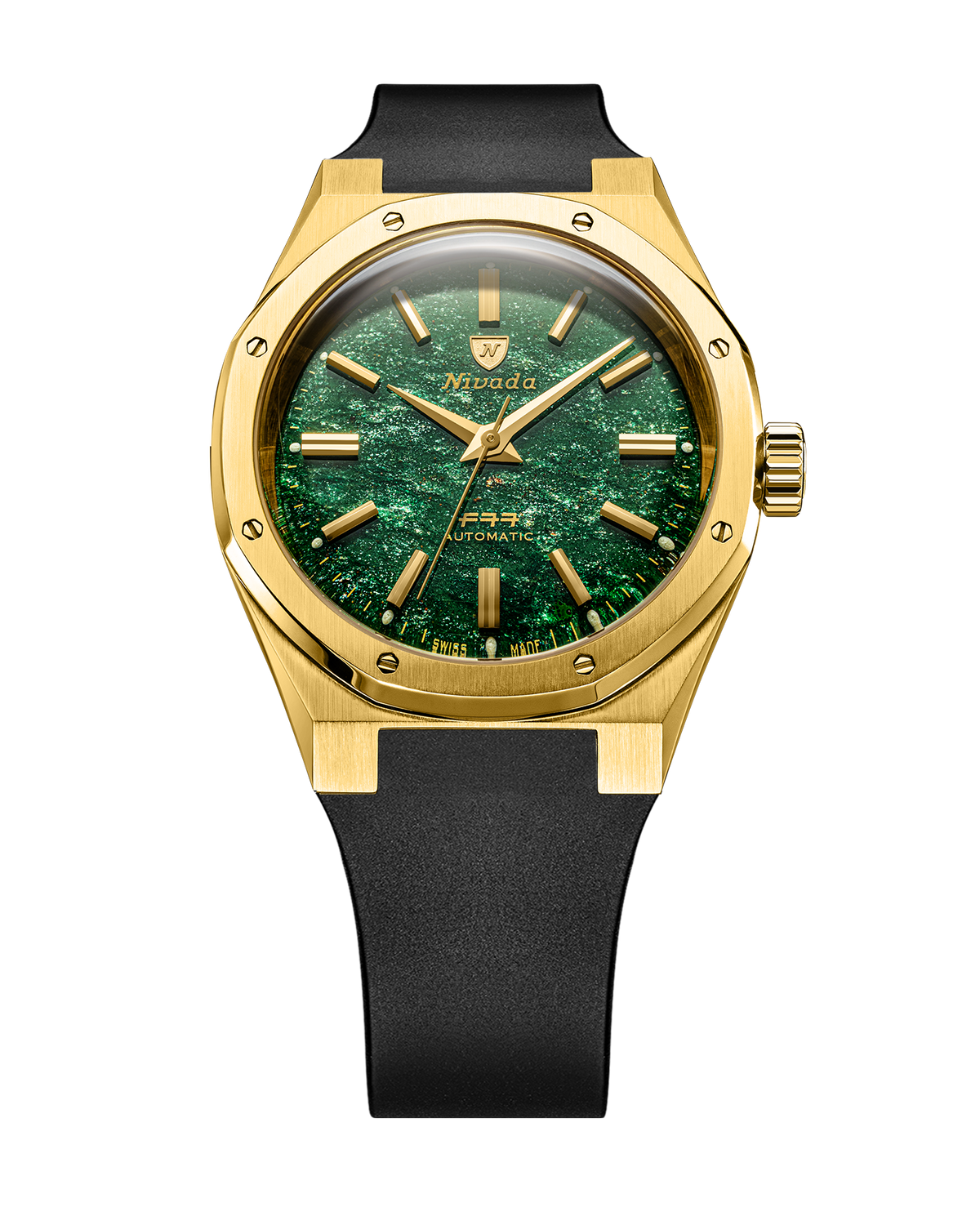 Nivada Grenchen F77 Gold Green Aventurine MK2 38mm black strap alternative view