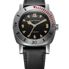 Front view of the Art Deco Depthmaster dive watch with black dial, red-and-white bezel pip, and black leather strap 