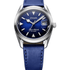 Nivada Grenchen Super Antarctic Montre automatique bleue avec sunburst bleu Cadran et affichage de la date, acier inoxydable Boîtier et bracelet en cuir bleu