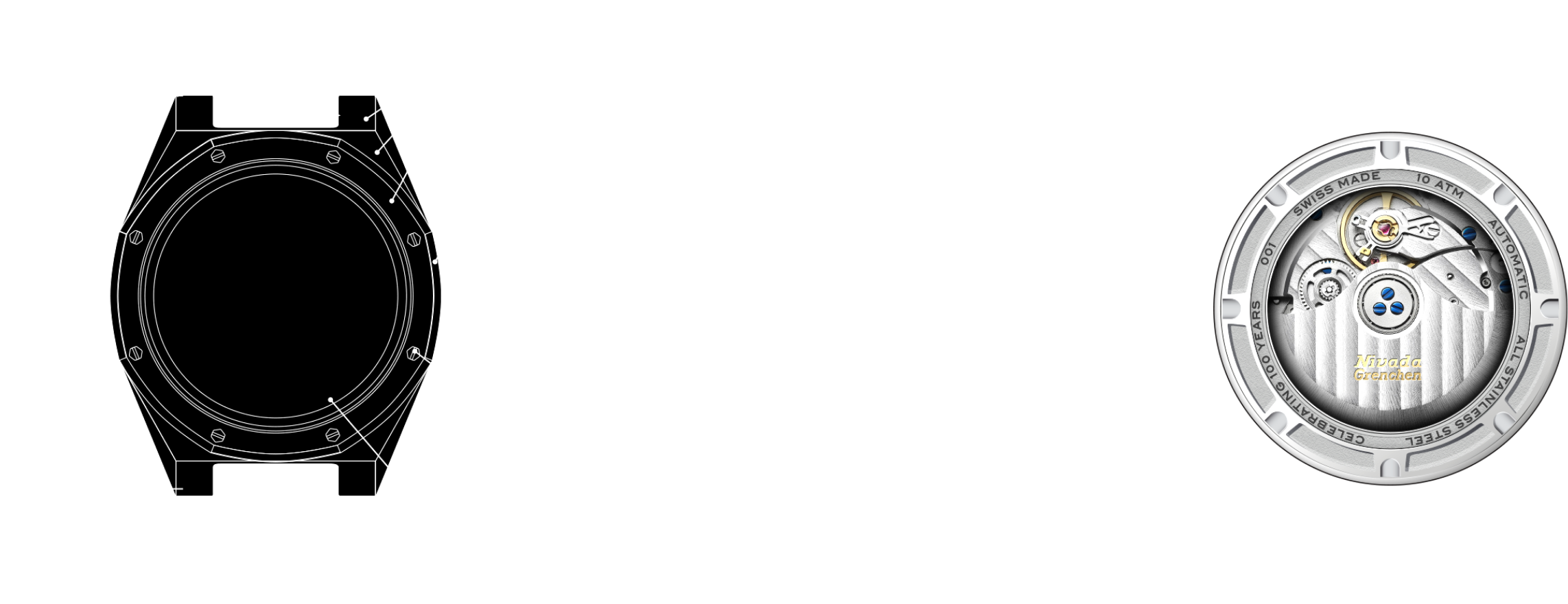 F77 MKII front view, side view and caseback technical drawing